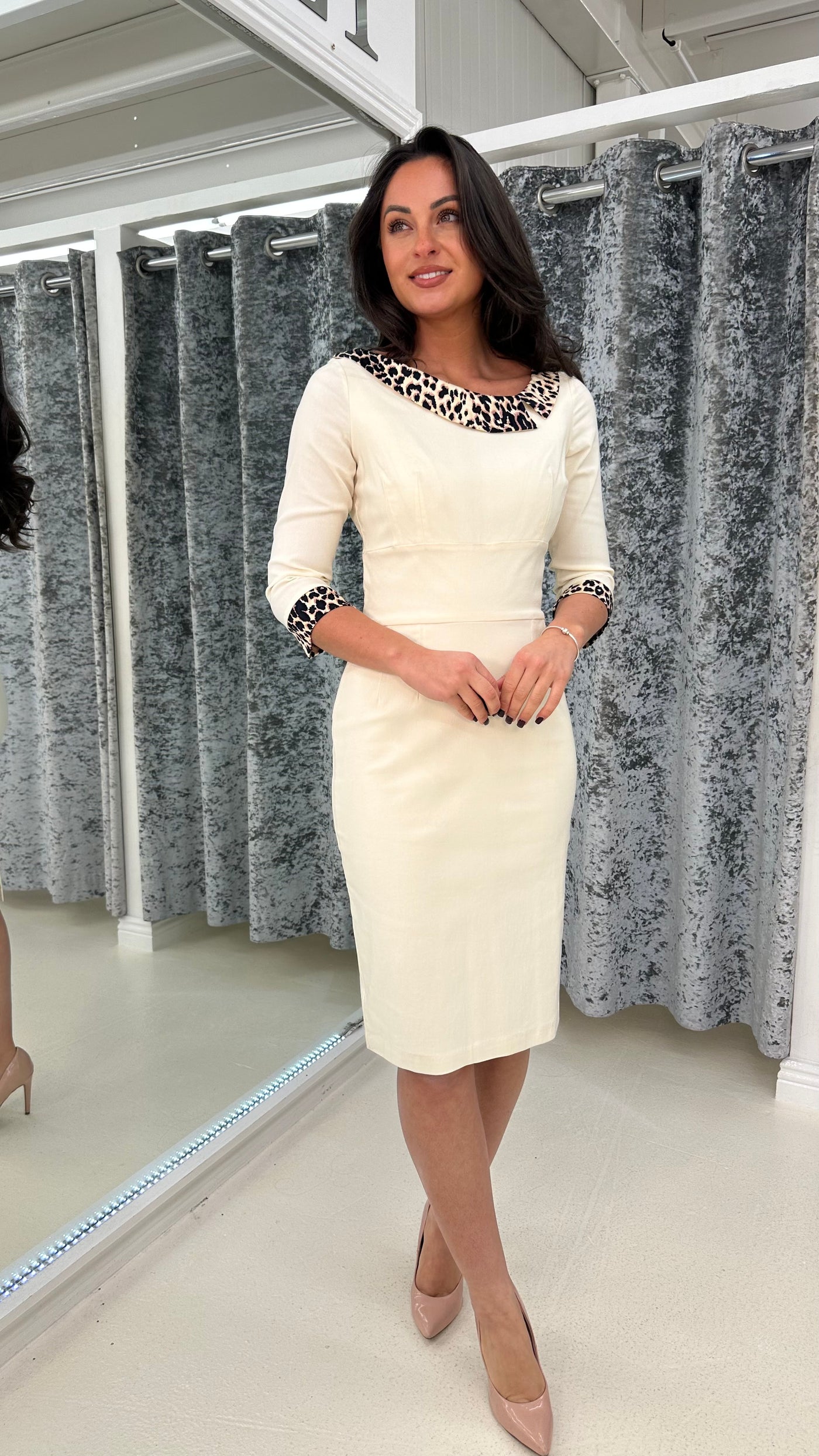 Cream Midi Dress Leopard Collar & Cuffs