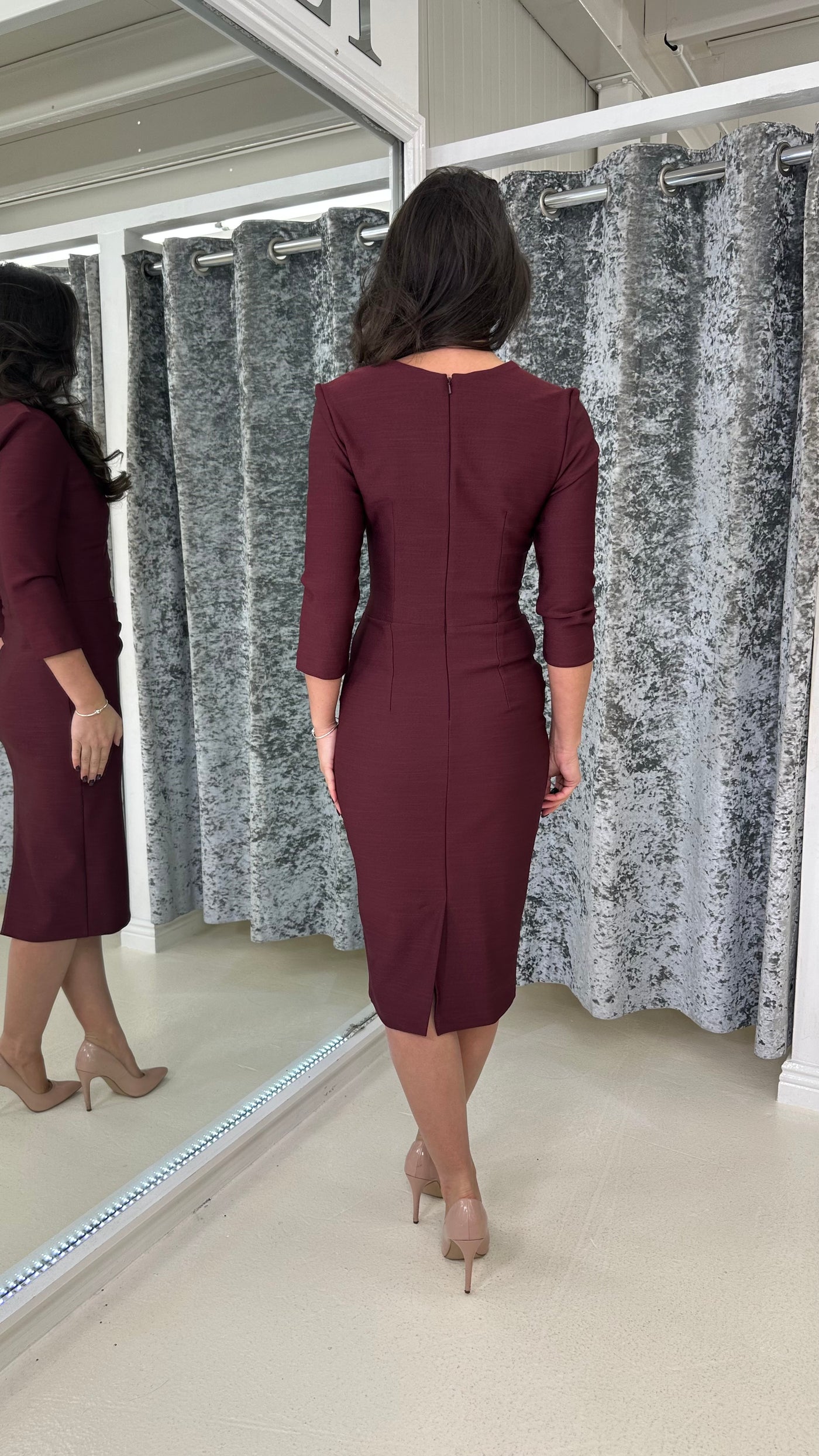 Burgundy Pleated Front V-Neck Midi Dress