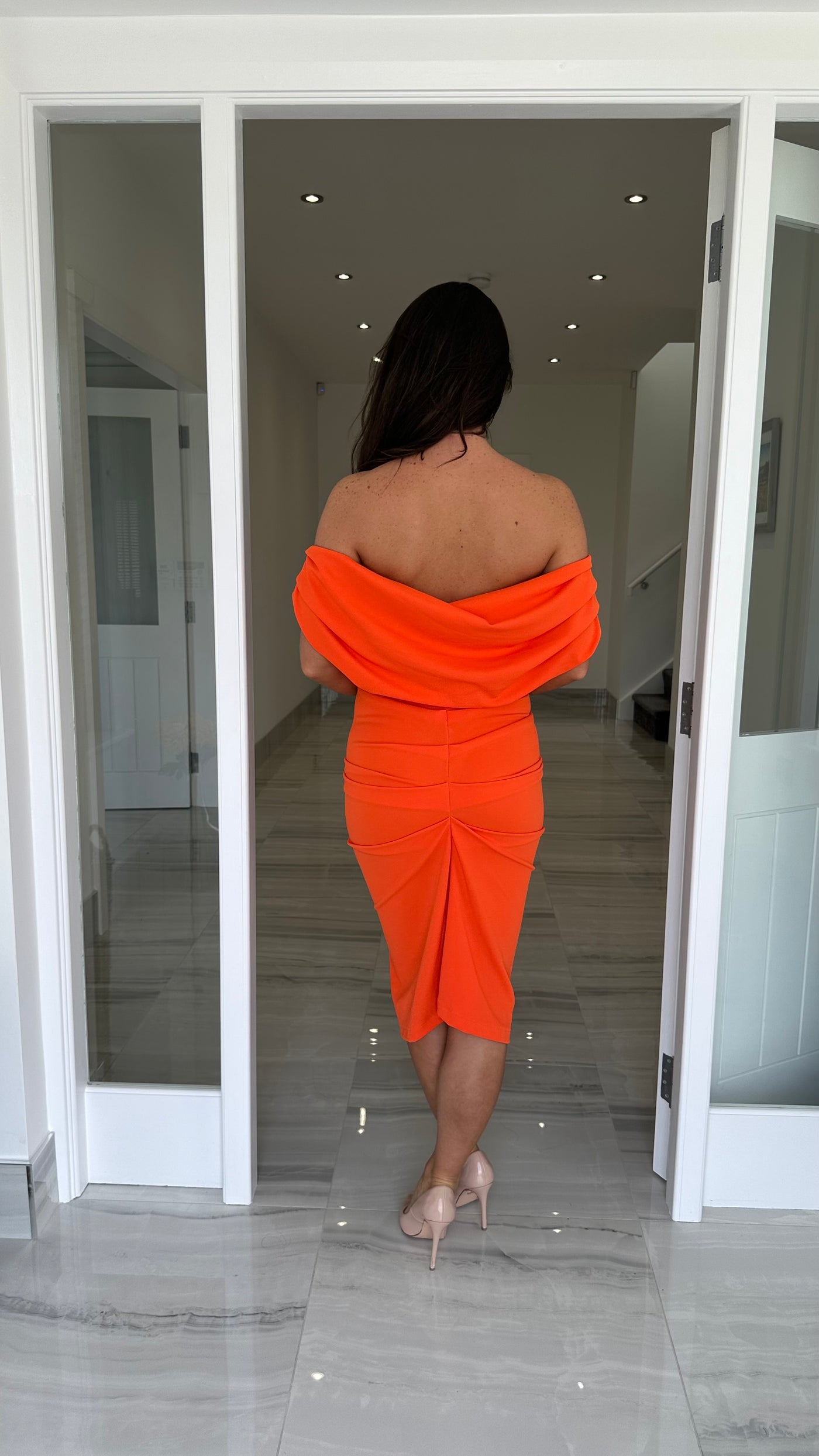 Orange Drape Shoulder Midi Bodycon Dress