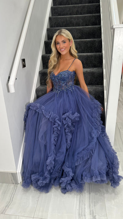 Slate Blue Tiered Skirt Ball Gown