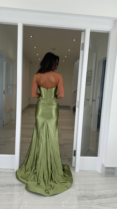 Olive Green Strapless Sweetheart Satin Gown