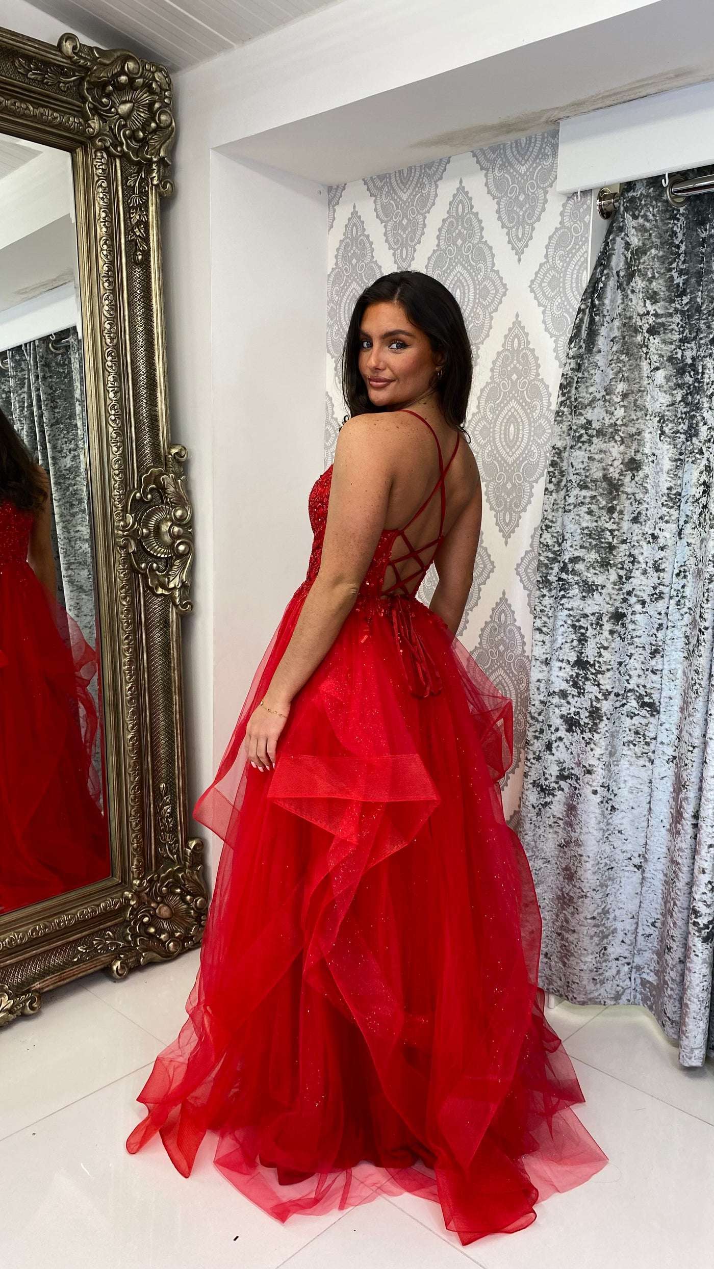 Red Tiered Skirt Corset Ball Gown