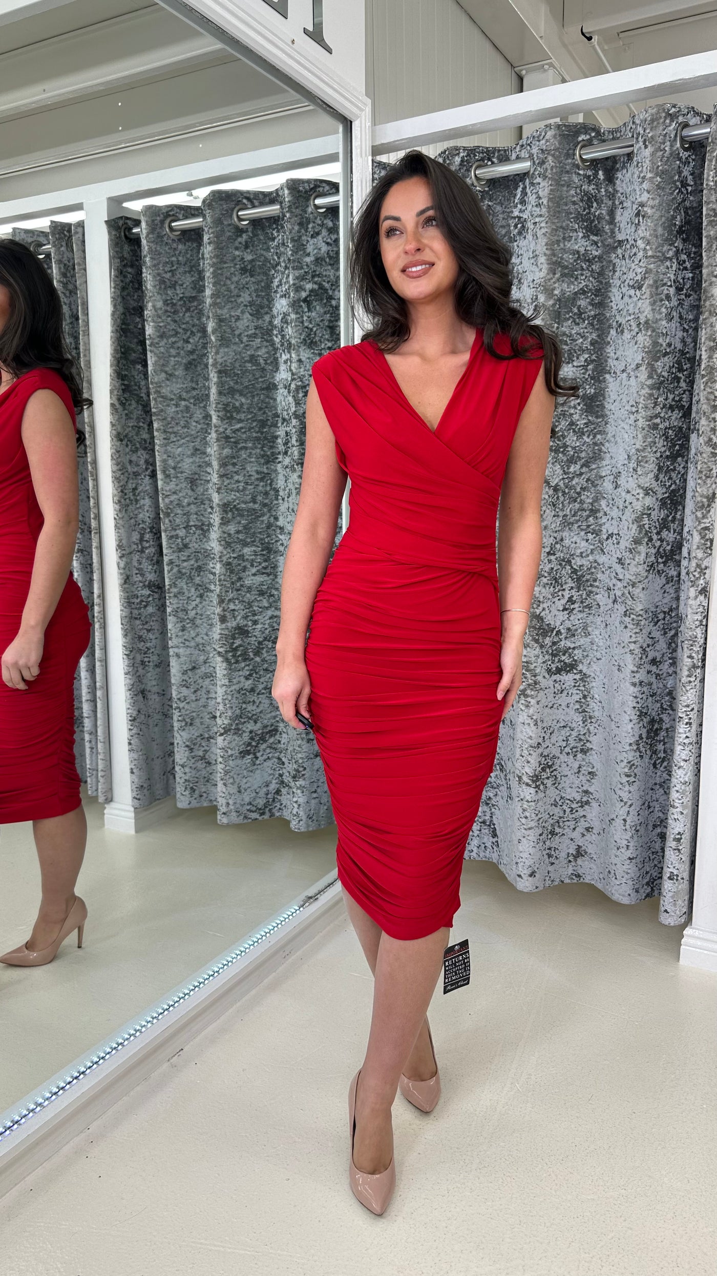 Red Ruched Jersey Midi Dress