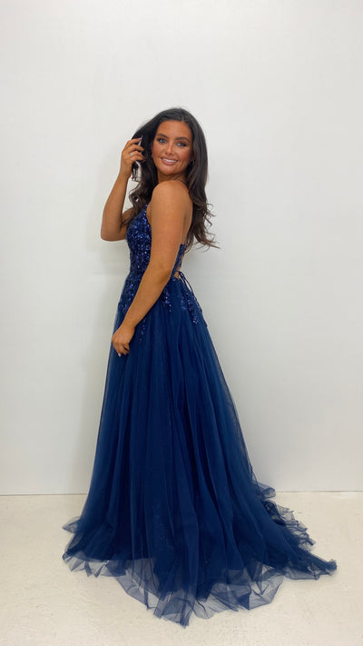 Navy Sparkle Corset Back Ball Gown