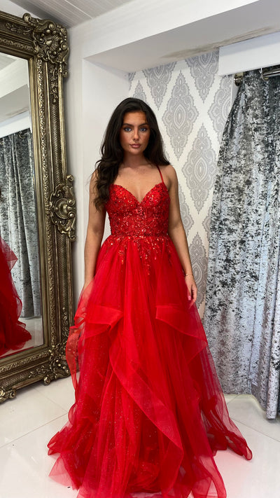 Red Tiered Skirt Corset Ball Gown