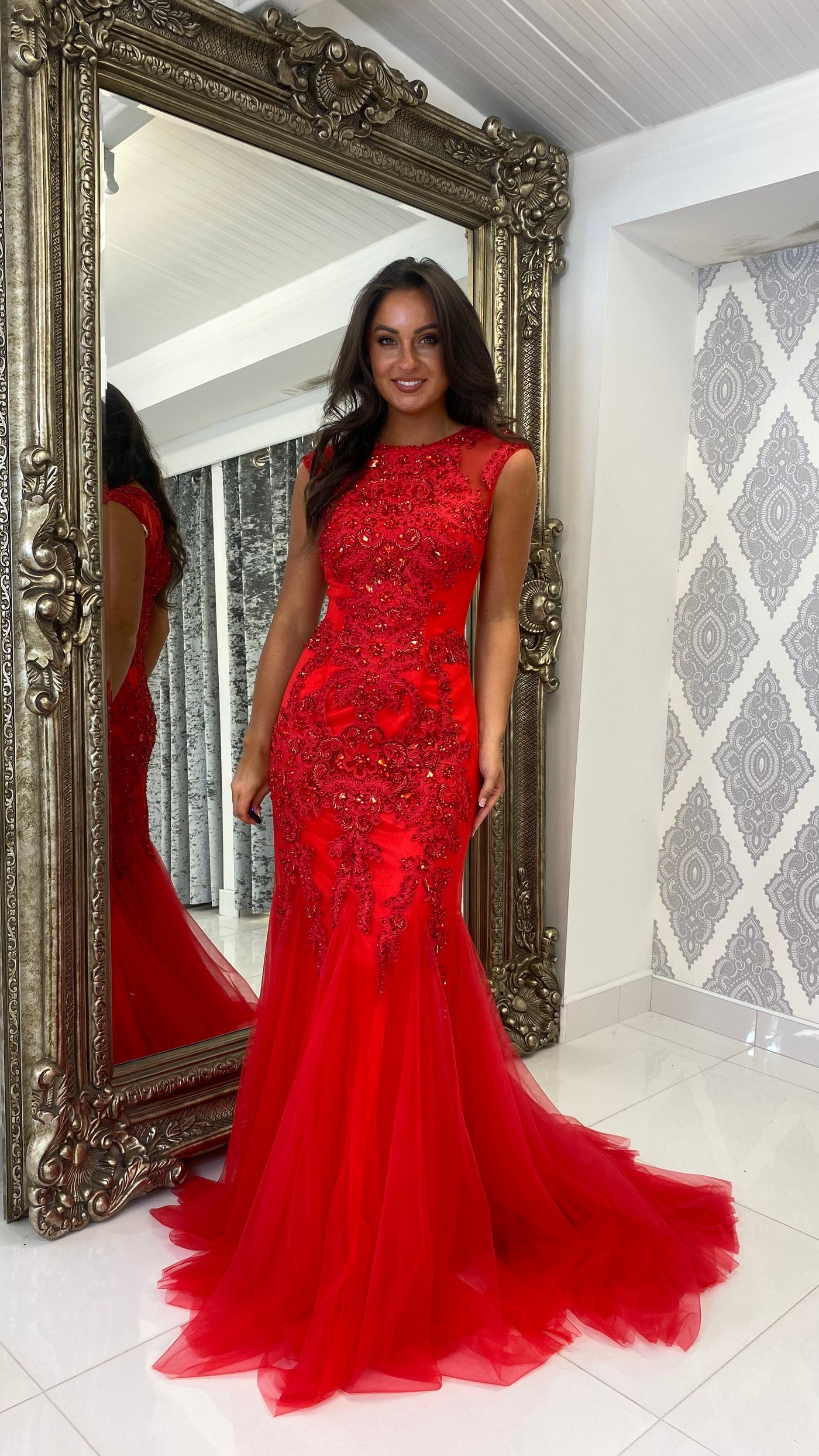 Red Cap Sleeve Jewelled Fishtail Prom Dress