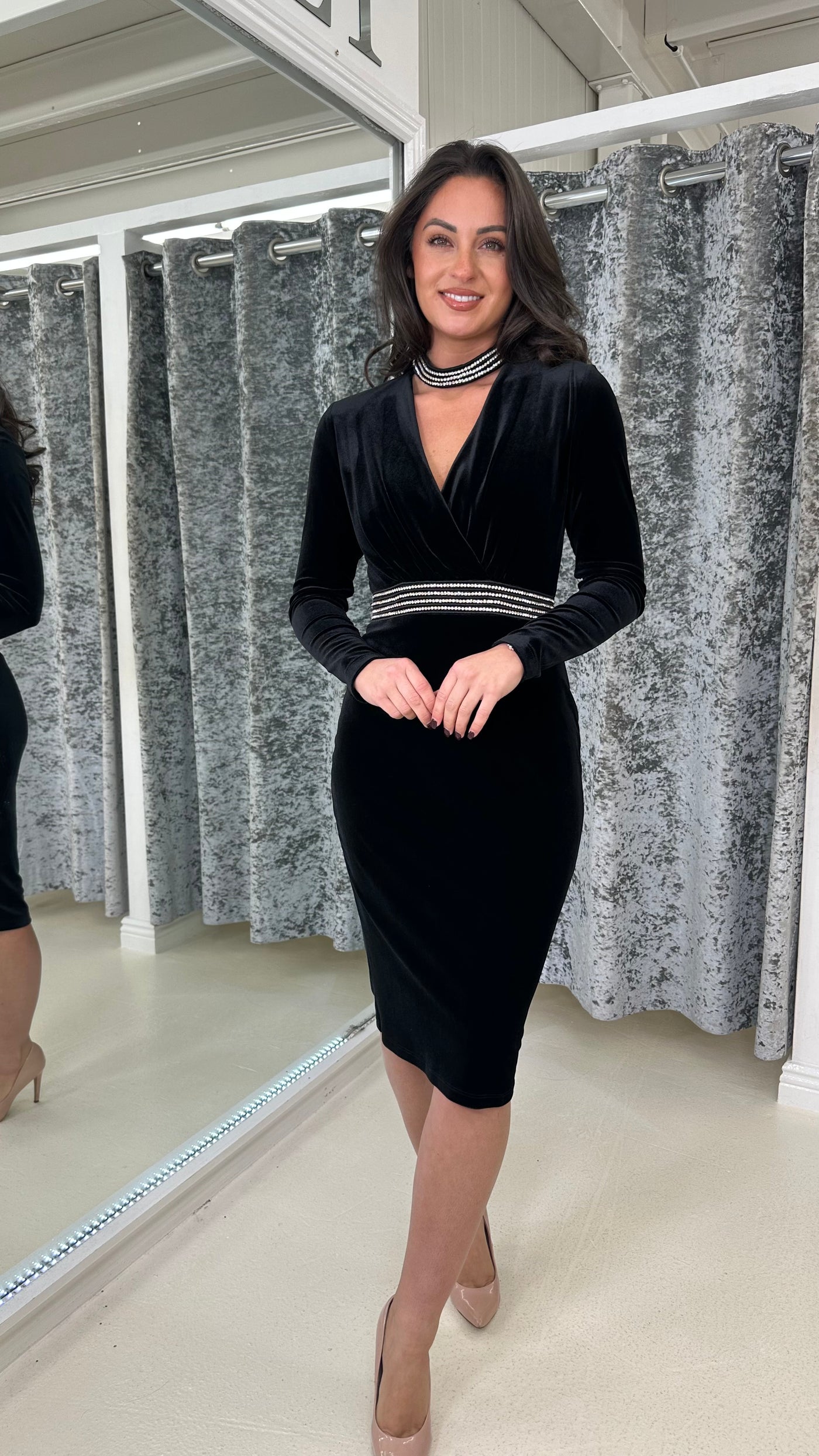 Black Velvet Jewel Choker Midi Dress