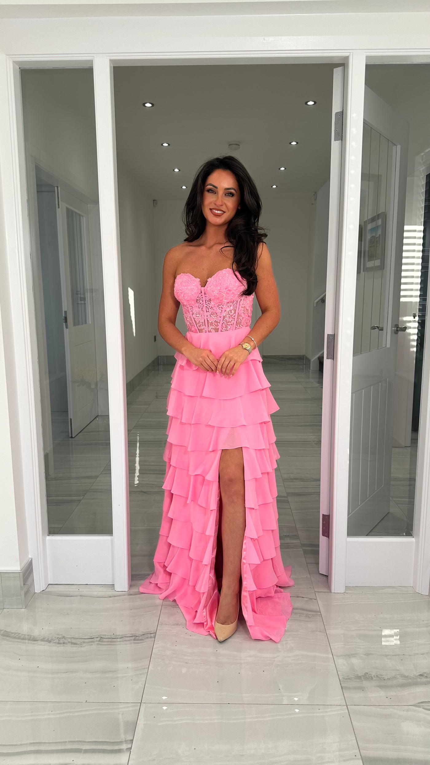 Pink Strapless Sweetheart Ruffle Skirt Gown