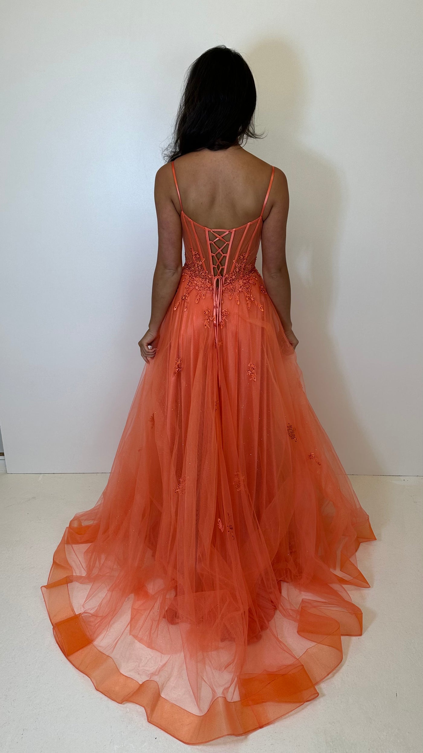 Orange Corset Lace Sparkle Ball Gown