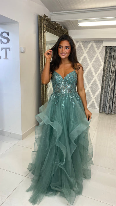 Sage Green Tiered Skirt Corset Ball Gown