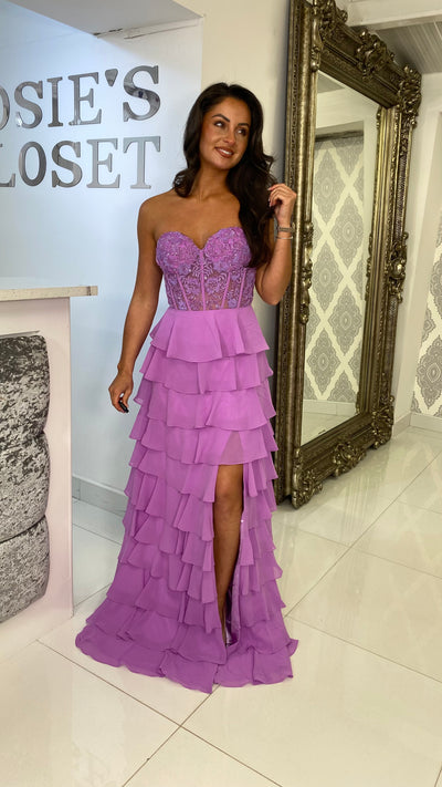 Lilac Strapless Sweetheart Ruffle Skirt Gown