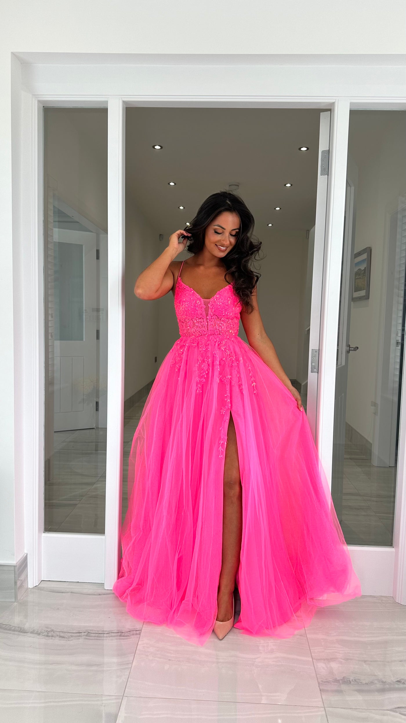 Hot Pink Glitter Corset Ball Gown