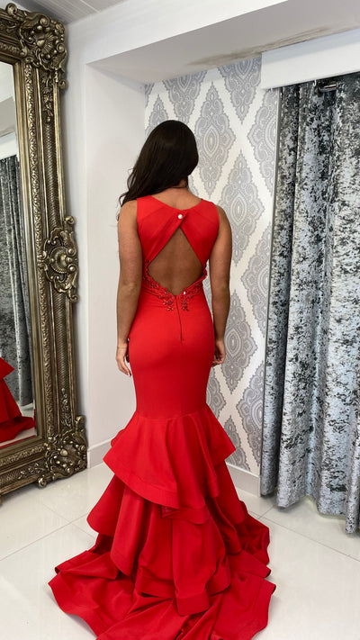 Red High Neck Fishtail Backless Full Length Gown