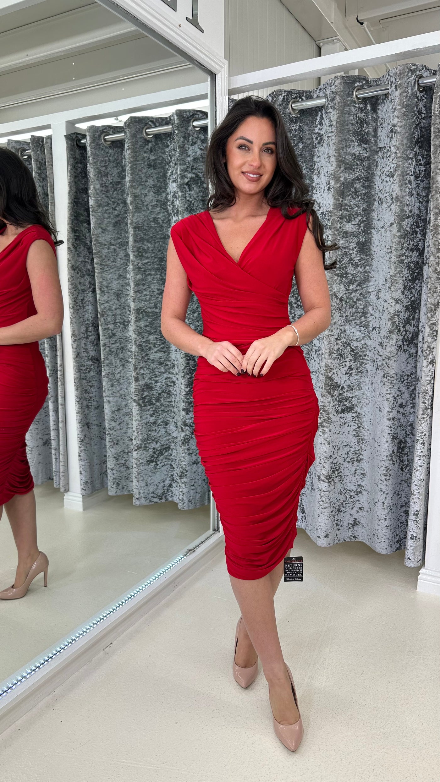 Red Ruched Jersey Midi Dress