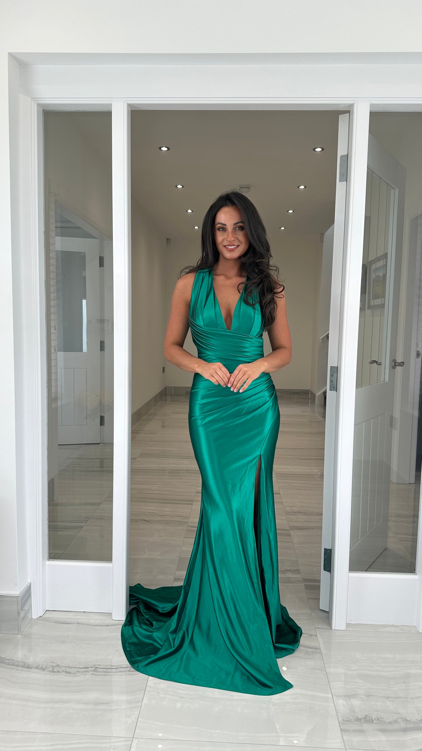 Emerald Green Satin Halterneck Ruched Prom Dress Rosies Closet