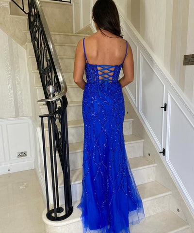 Royal Blue Beaded Corset Style Tie Back Prom Gown