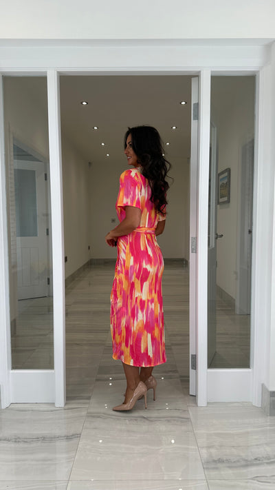 Pink/Yellow Angel Sleeve Wrap Shirt Midi Dress