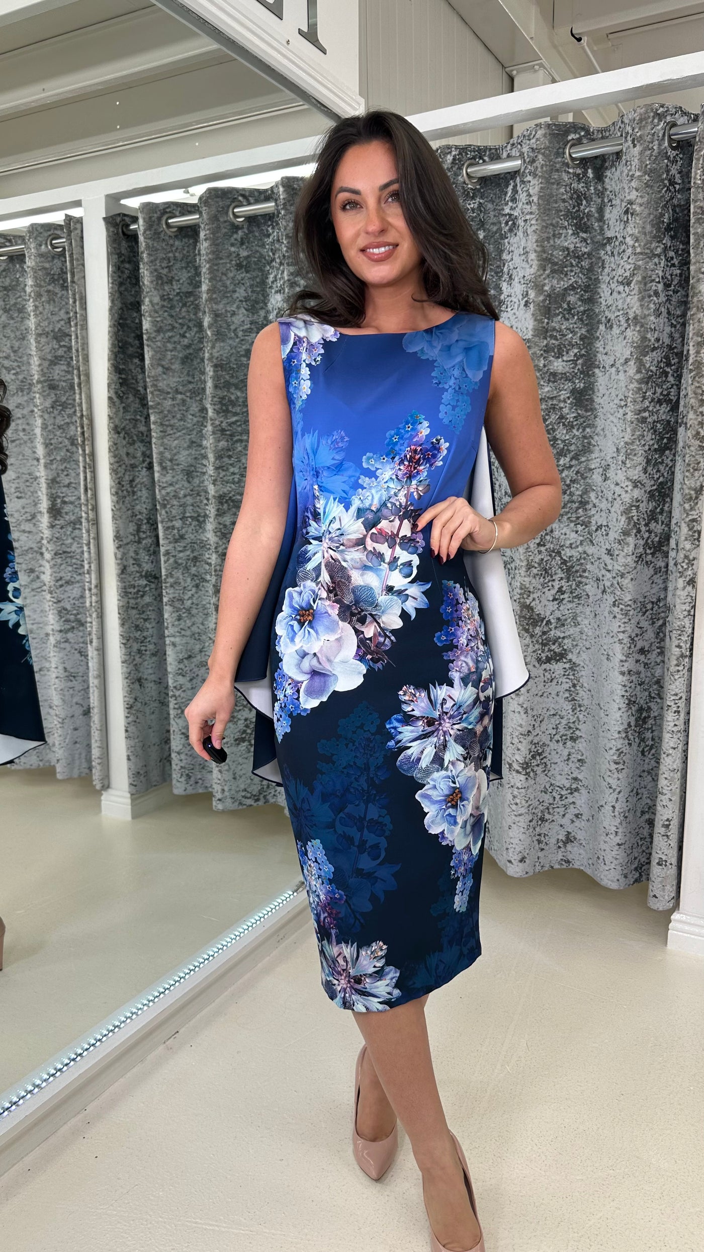 Navy Blue Floral Cape Midi Dress