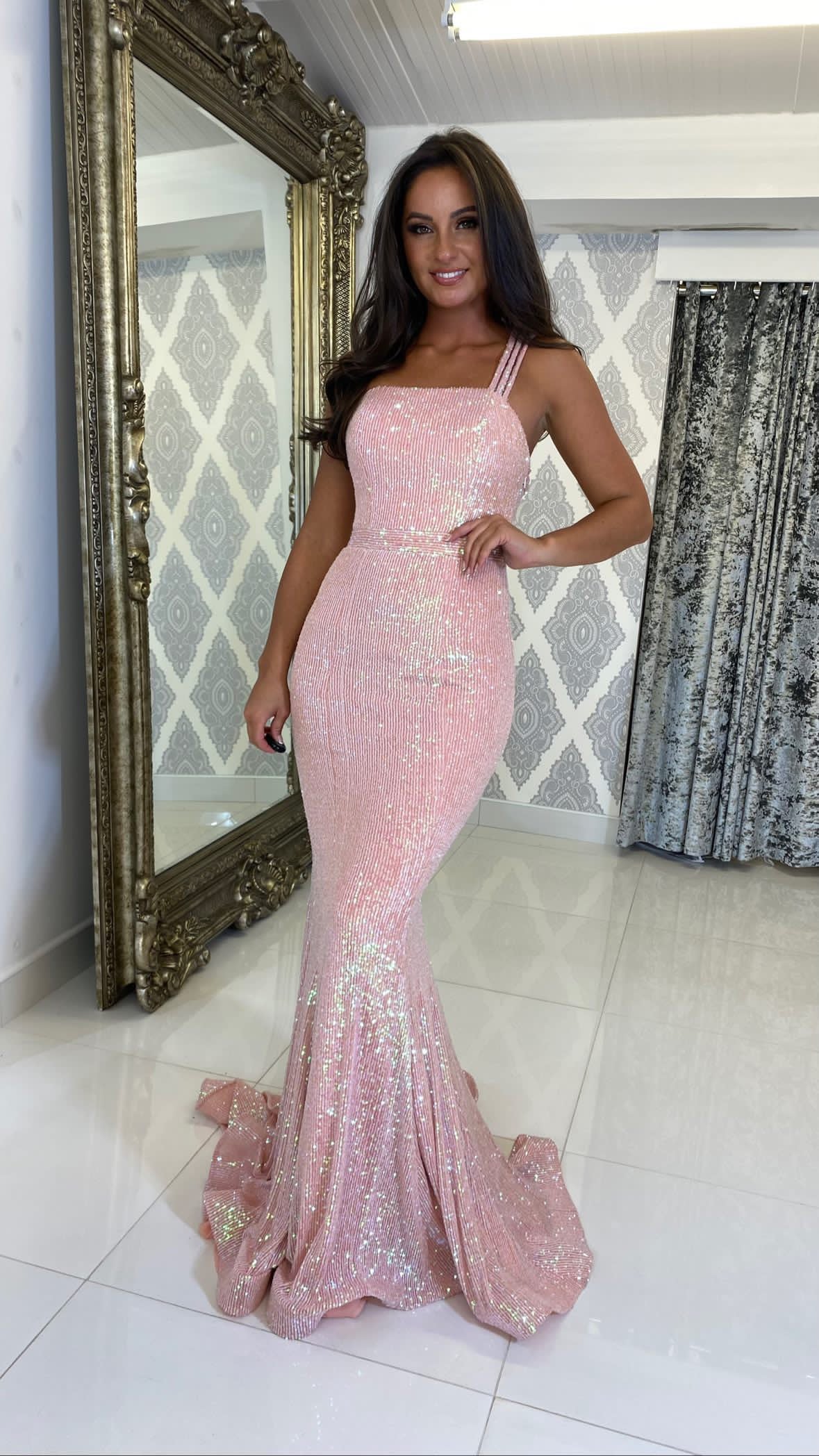 Sequinned One Shoulder Strap Detailed Prom Dress In Pink