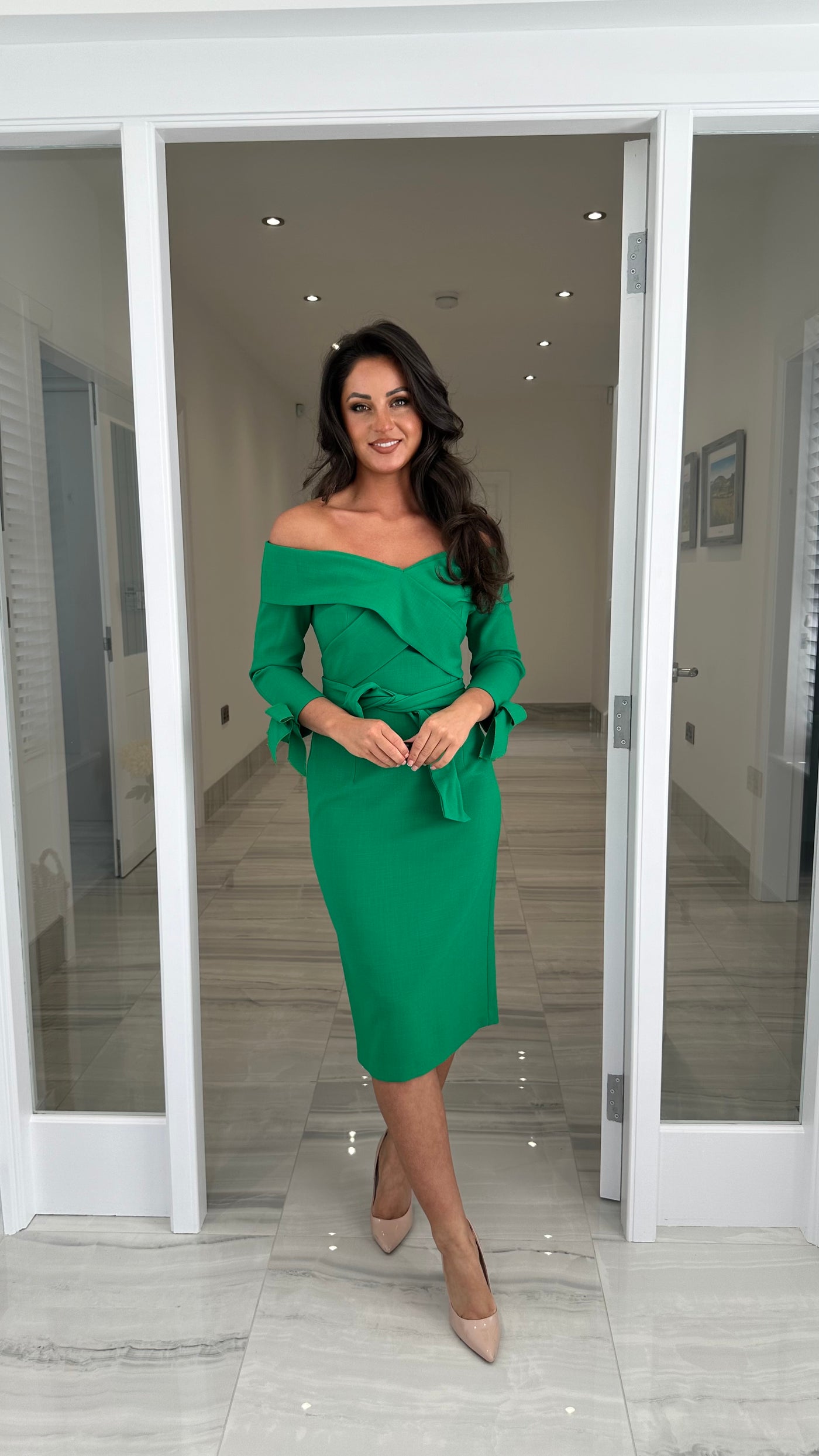 Emerald Green Bardot 3/4 Sleeve Belted Debs Dress