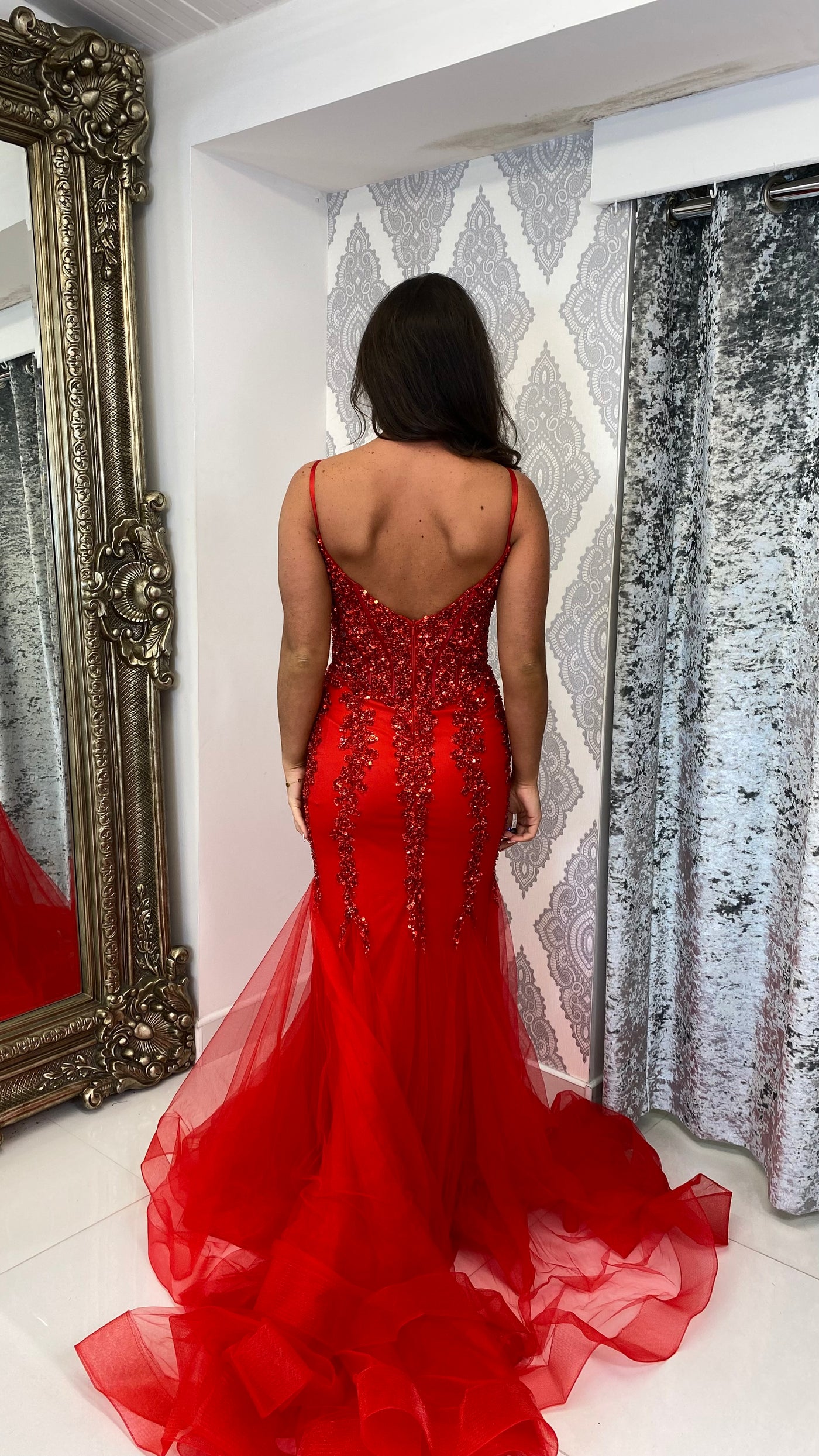 Red Jewell Corset Fishtail Prom Dress