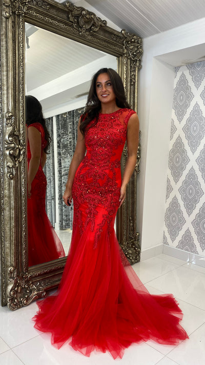 Red Cap Sleeve Jewelled Fishtail Prom Dress