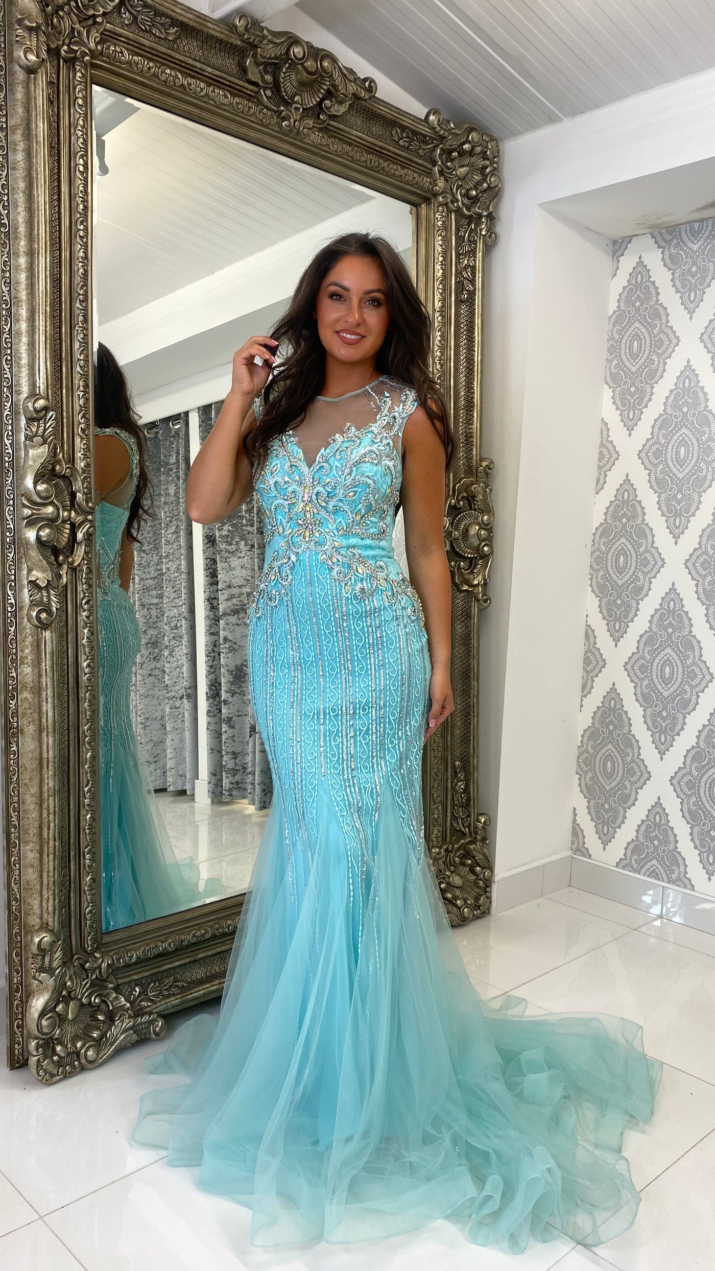 Turquoise Blue Silver Jewelled Fishtail Prom Dress