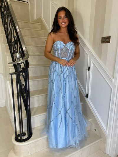 Baby Blue Beaded Corset Strapless A-line Gown