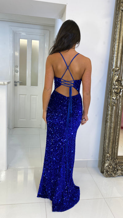 Cobalt Blue Velvet Sequin V-Neck Corset Prom Dress