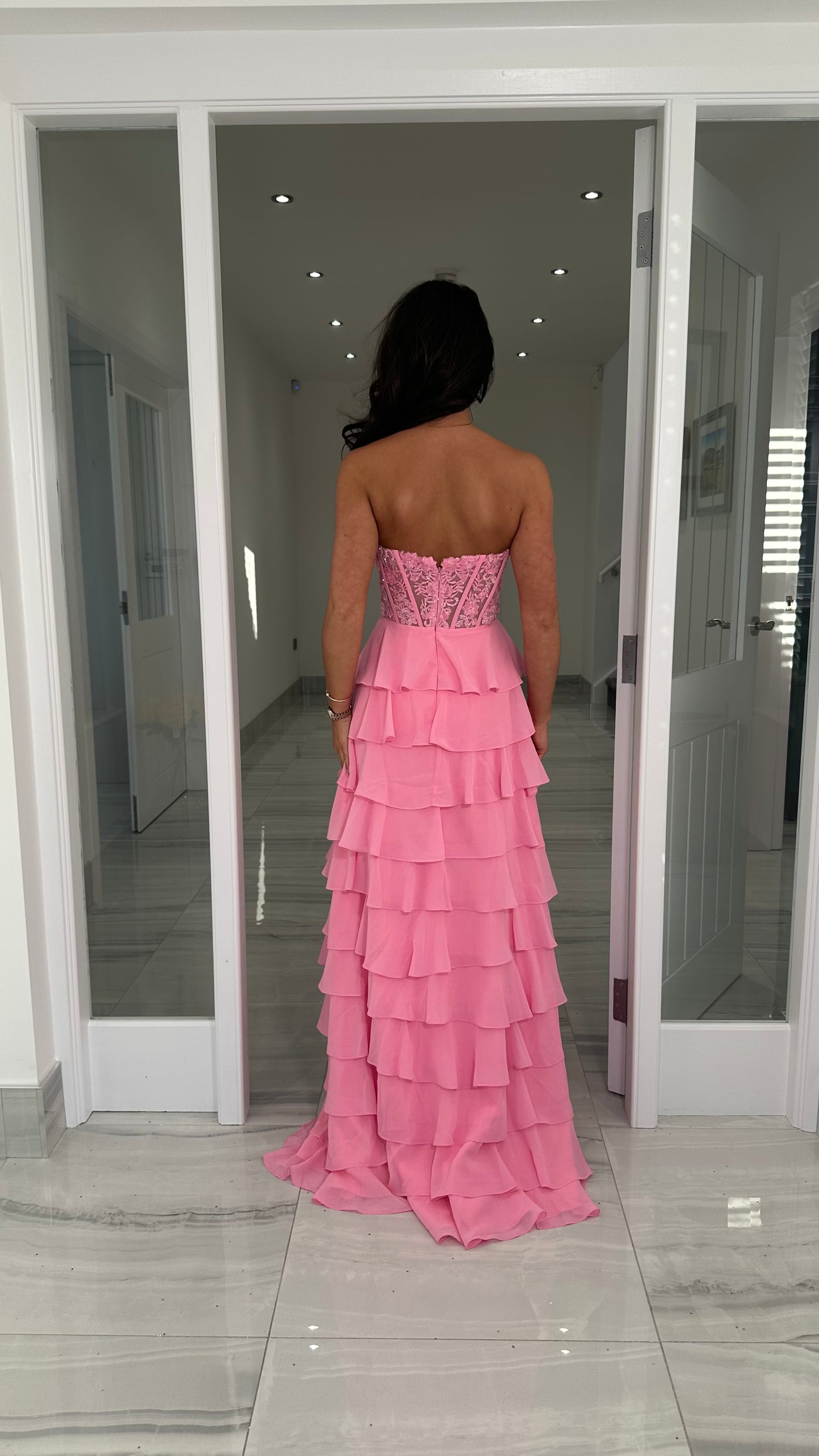 Pink Strapless Sweetheart Ruffle Skirt Gown