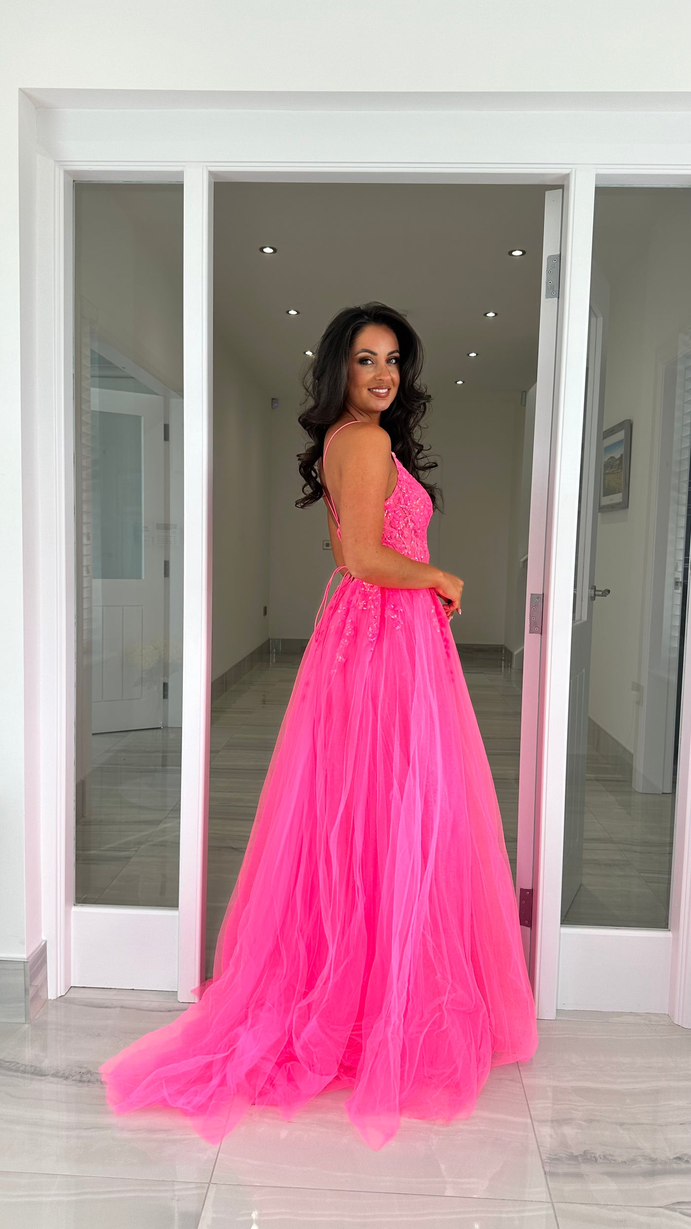 Hot Pink Glitter Corset Ball Gown