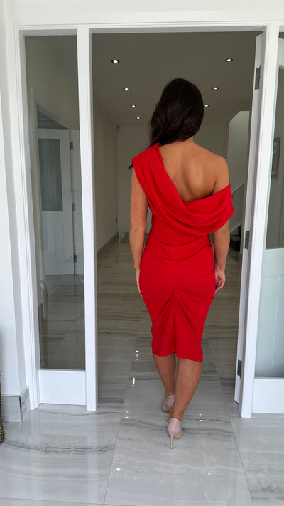 Red Drape Shoulder Midi Bodycon Dress