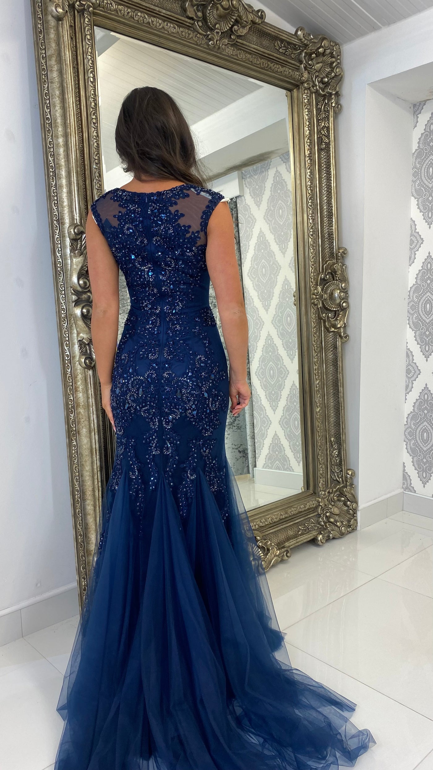 Navy Cap Sleeve Jewelled Fishtail Gown