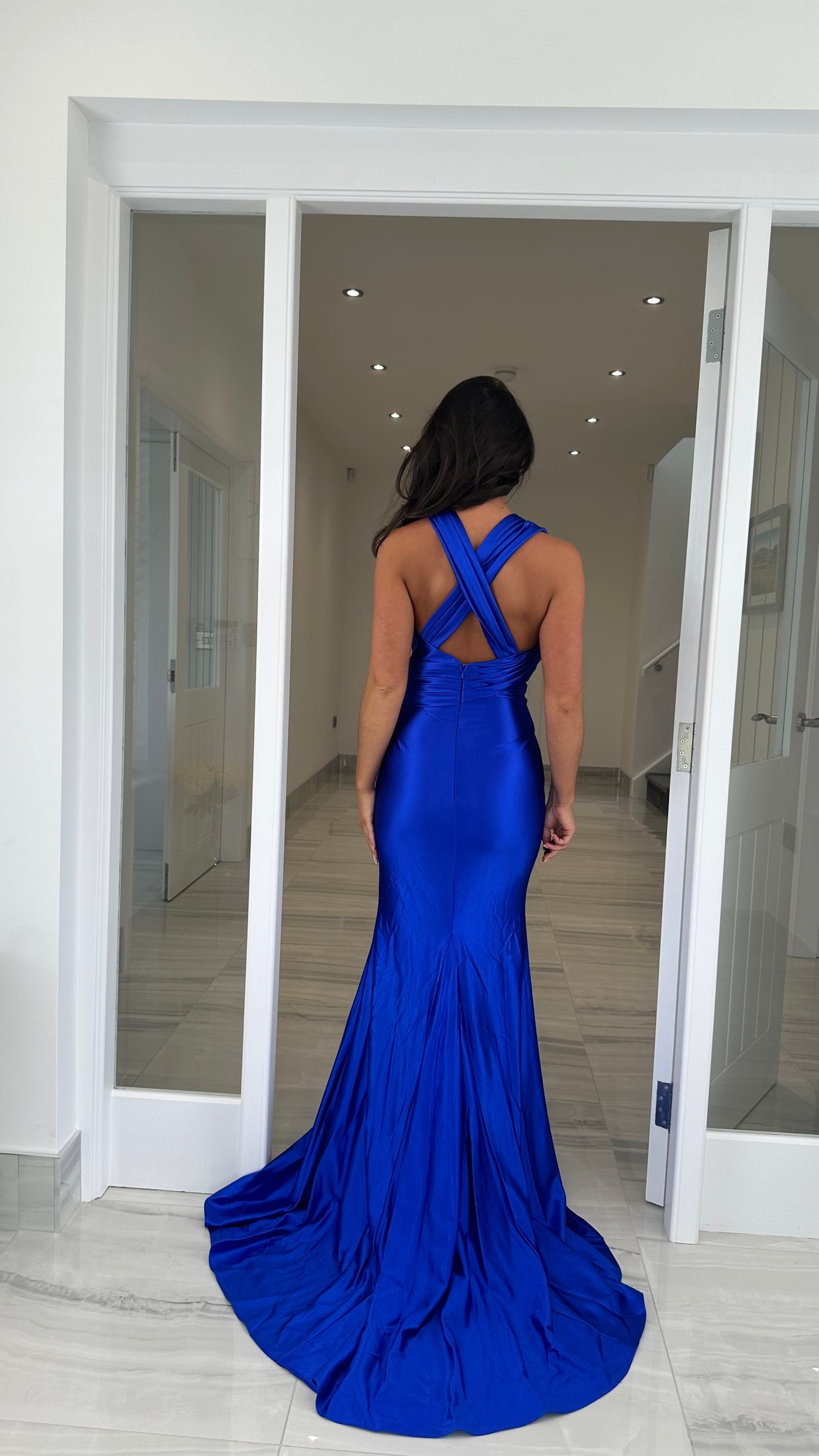 Cobalt Blue Satin Ruched Halterneck Prom Dress