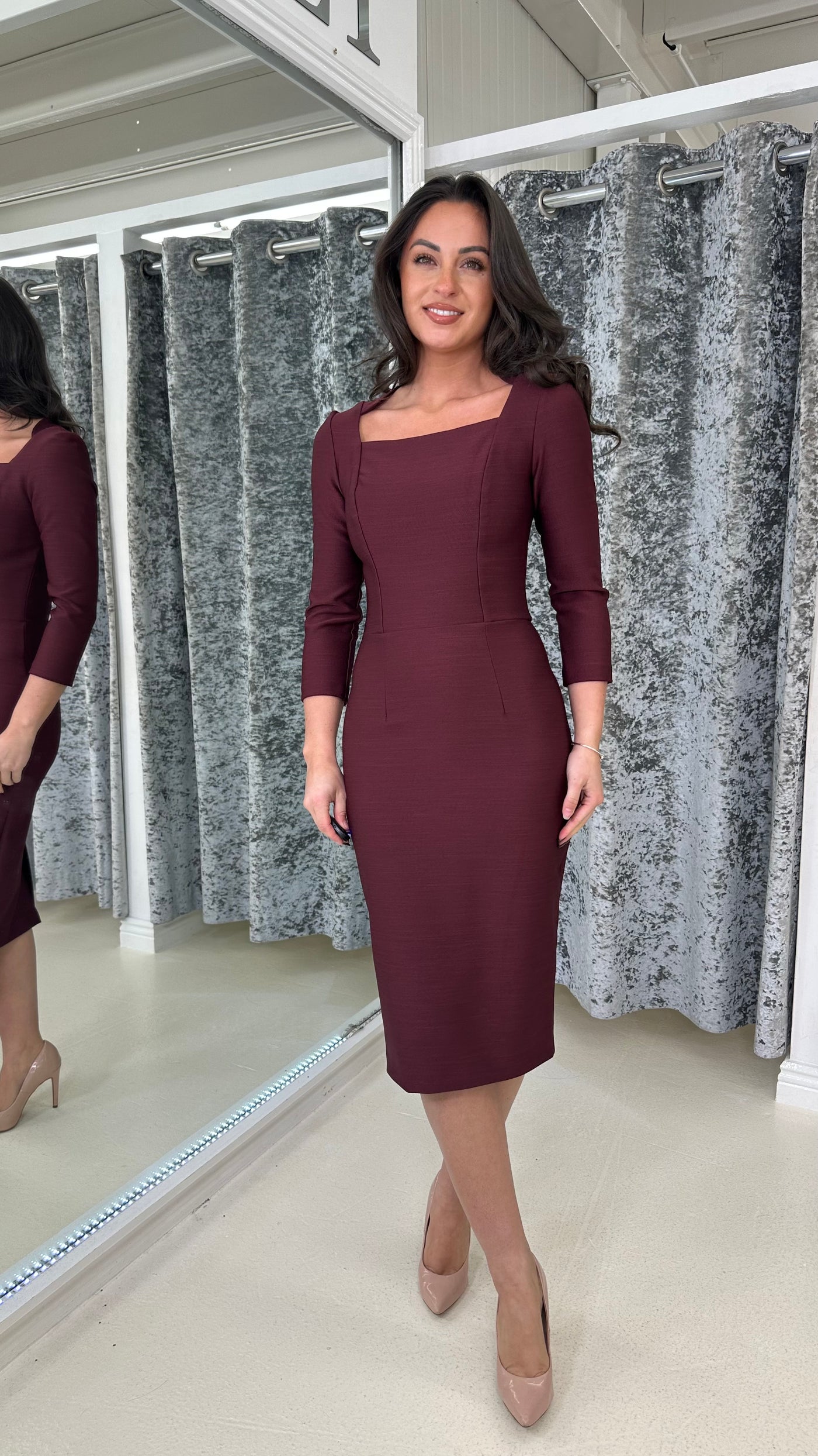 Burgundy Straight Neck Midi Dress