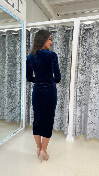 Navy Sparkle Velvet Ruched Midi Dress