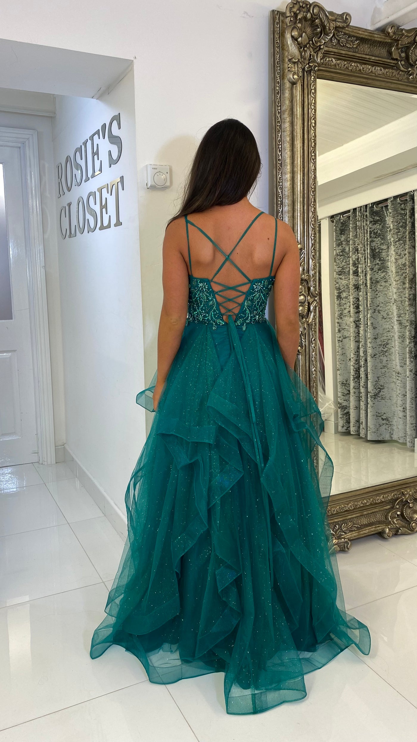 Emerald Green Tiered Skirt Corset Ball Gown