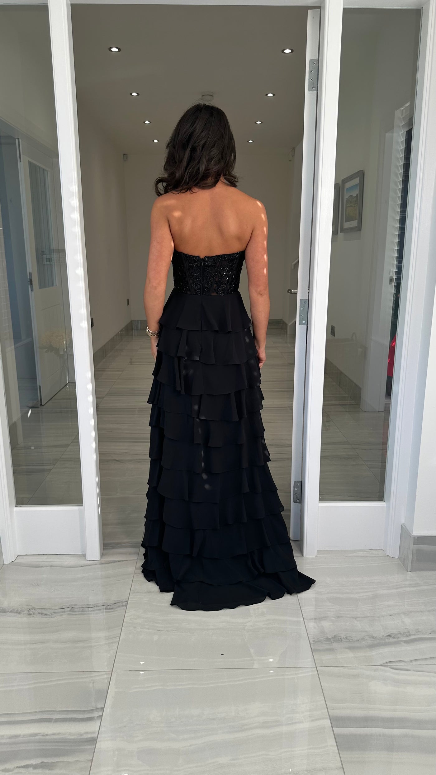 Black Strapless Sweetheart Ruffle Skirt Gown