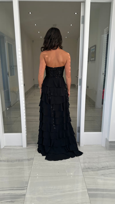 Black Strapless Sweetheart Ruffle Skirt Gown