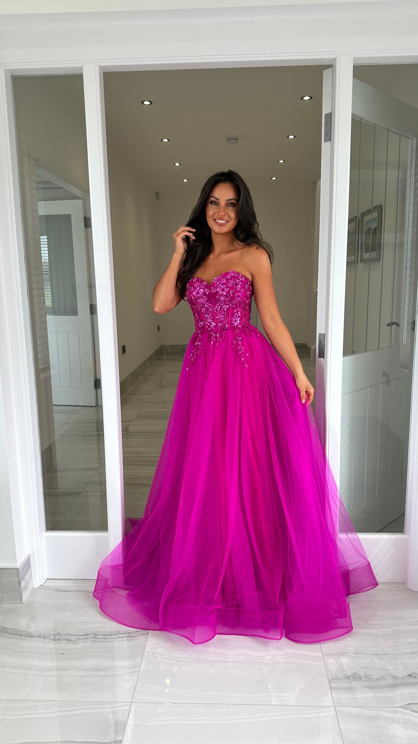 Magenta Mesh Corset Strapless Ball Gown