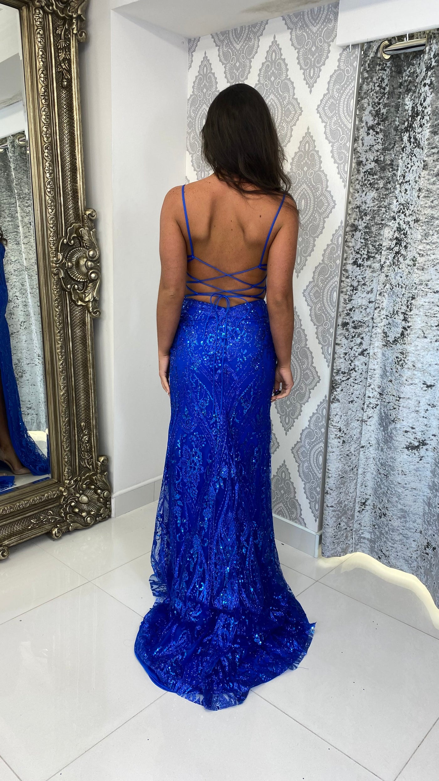 Royal Blue Glitter Backless Corset Full Length Gown