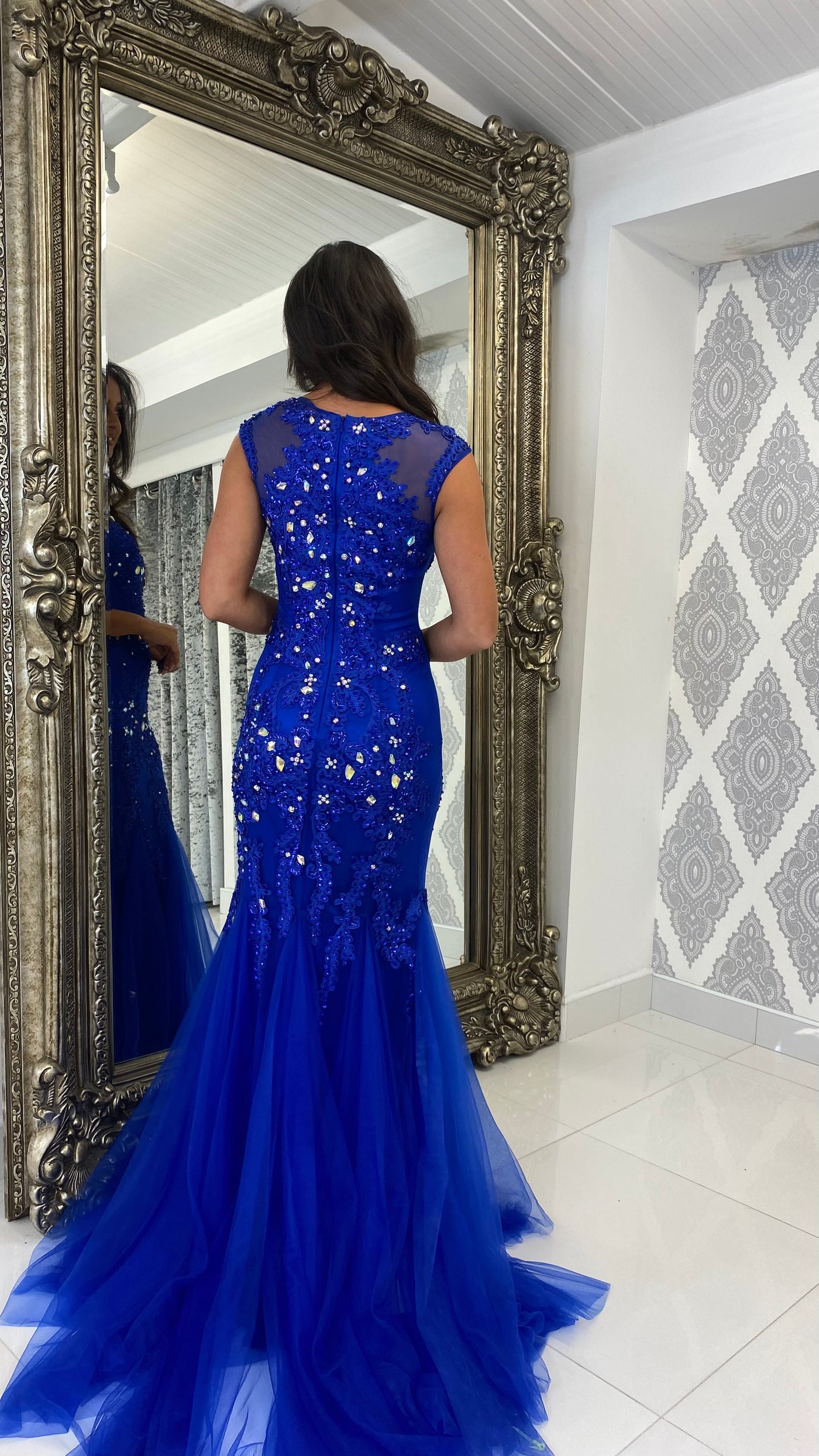 Cobalt Blue Jewelled Cap Sleeve Fishtail Gown