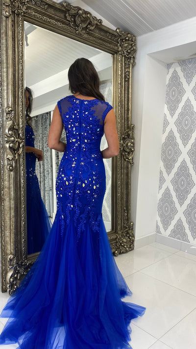 Cobalt Blue Jewelled Cap Sleeve Fishtail Gown