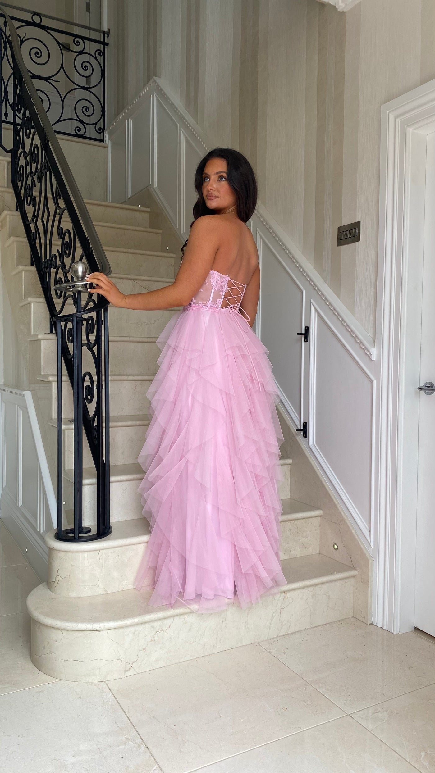 Bubblegum Pink Tiered Ruffle Skirt Corset Strapless Prom Gown