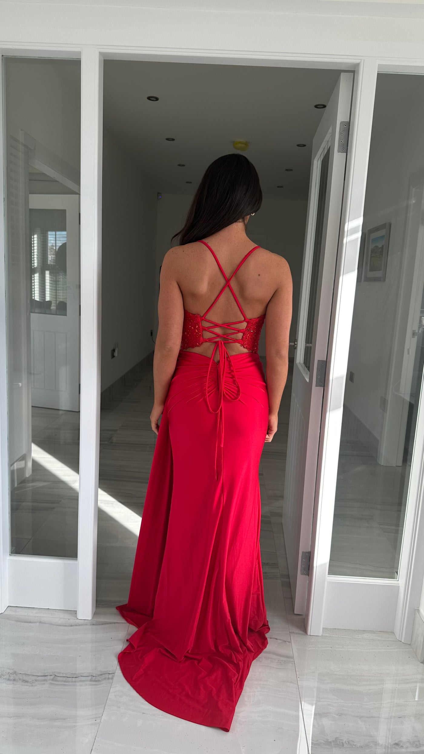 Red Drape Detail Corset Evening Gown