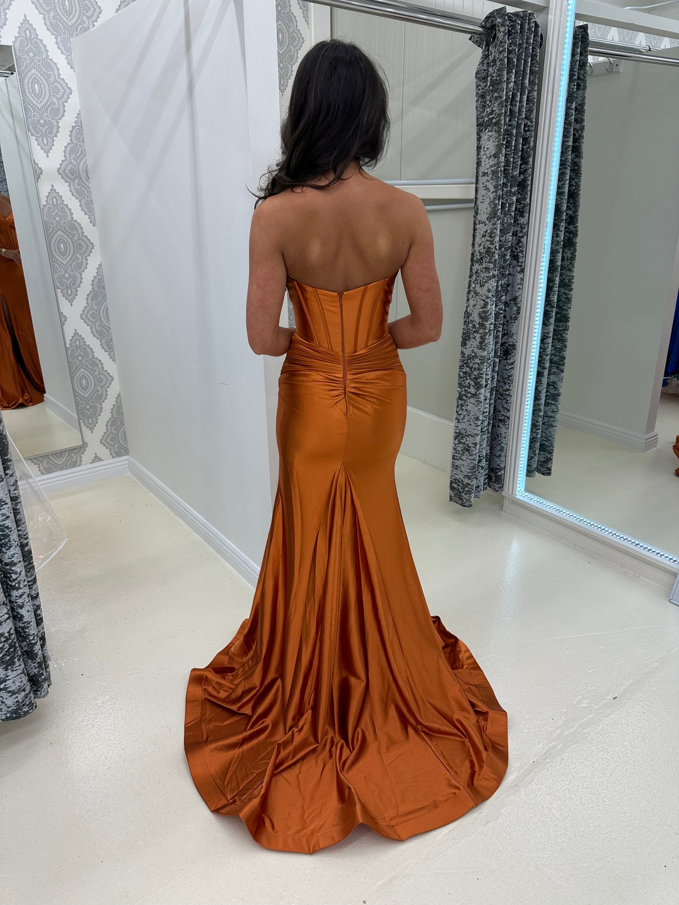 Rust Strapless Sweetheart Satin Gown