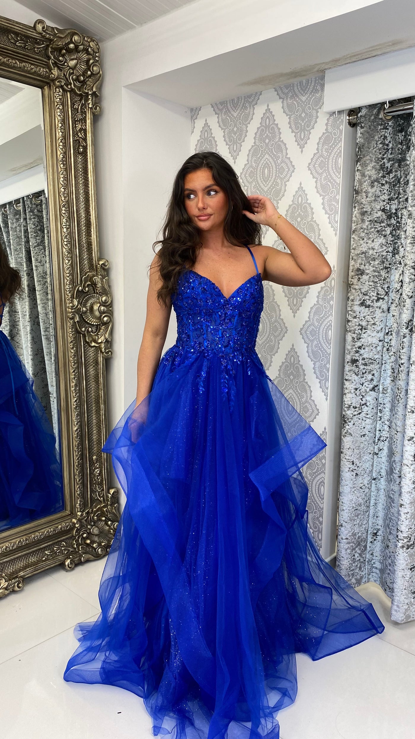 Royal Blue Tiered Skirt Corset Ball Gown