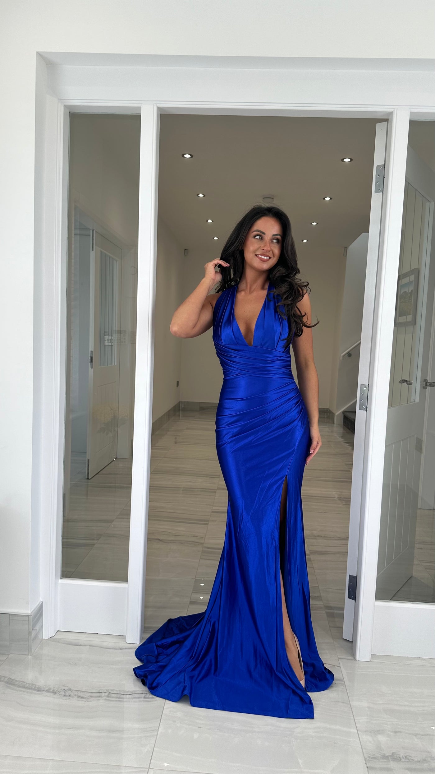 Cobalt Blue Satin Ruched Halterneck Prom Dress