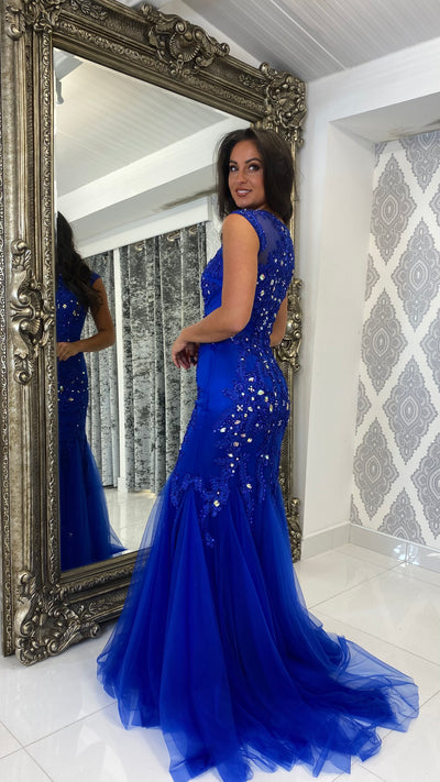 Cobalt Blue Jewelled Cap Sleeve Fishtail Gown