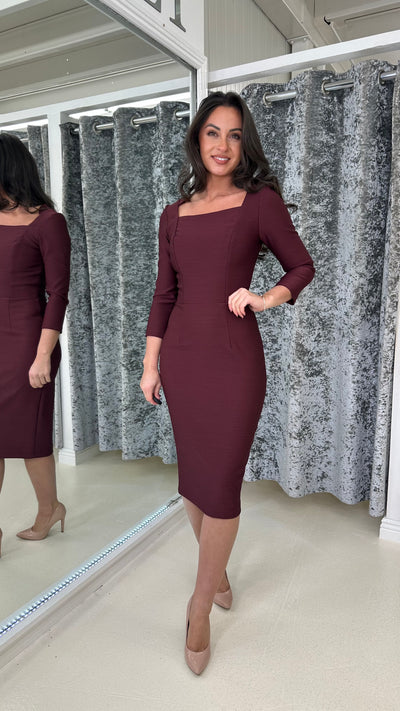 Burgundy Straight Neck Midi Dress